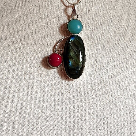 NEW ALL NATURAL LABRADORITE RED CORAL AMAZONITE Pendant 18" Sterling Necklace - Picture 8 of 8